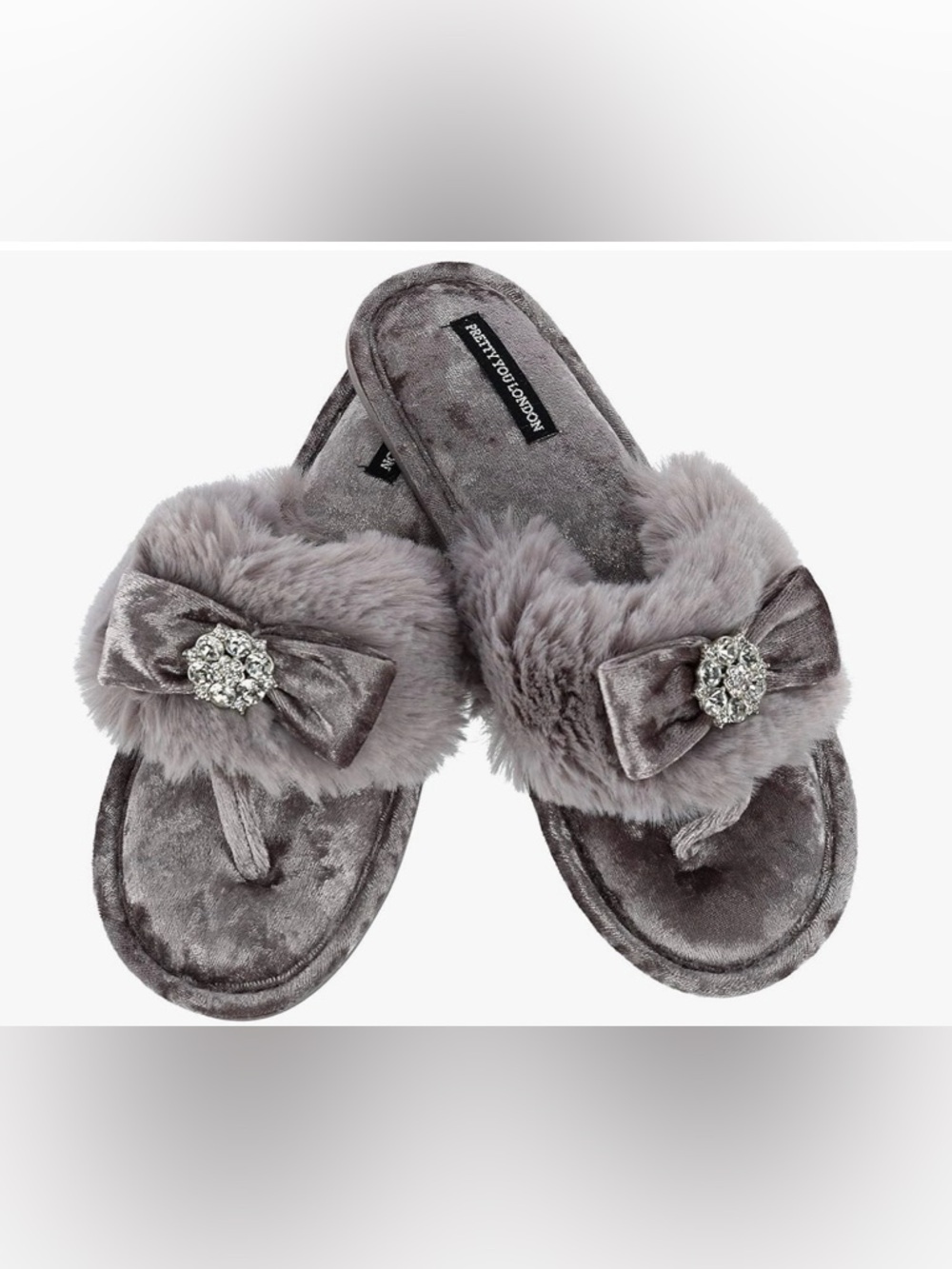 Pretty You London Gray Plush Bow Toe-Post Slippers with Crystal Accent